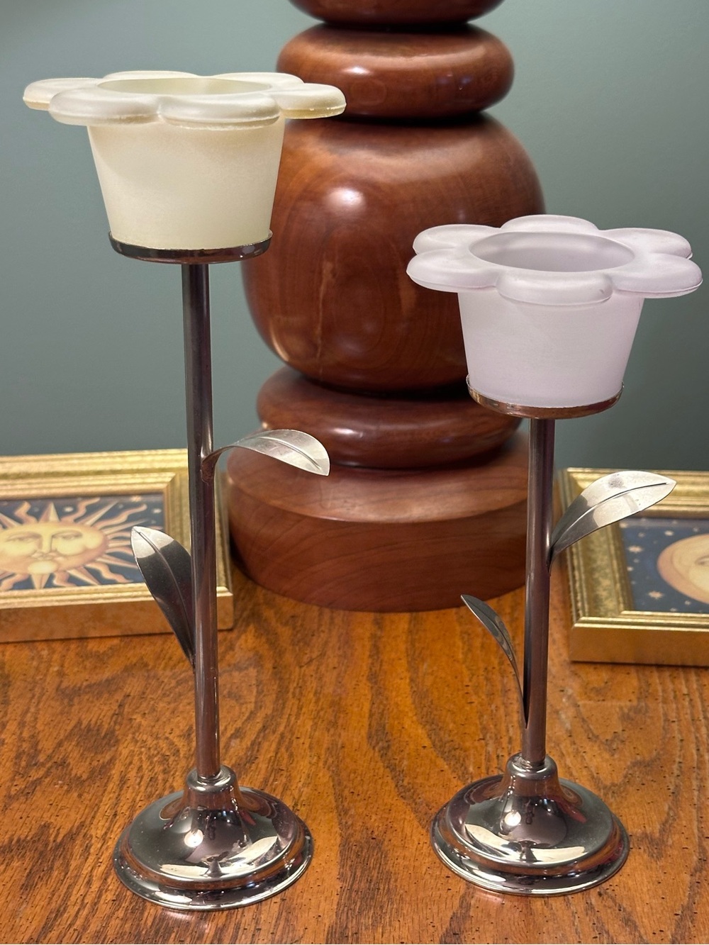 Silver Leaf Stem Candle Holders with Frosted Flower Glass - Set of 2
